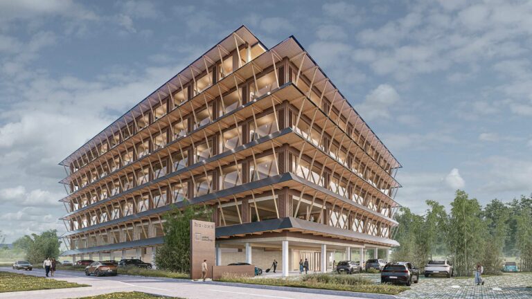 bureau_étude_ingénieur bois_bureau d'étude structure_timber_wood_engineering_CLT_Cross laminated timber_GLT_Glulam_Bois lamellé collé_ossature bois_arcs lamellé-collé_atrium_ETFE_rampe continue_noyau CLT_contreventement bois_poutre_colonne_poutres moisées_canopy_auvent bois_panneaux photovoltaïques_PV_immeuble de bureaux bois_bureau en structure bois_low carbon office_timber office building_bas carbone_circularité_European green deal_calcul d'assemblage bois_cadwork_étude d'exécution_calcul_Puurs_Be-One_XPAND